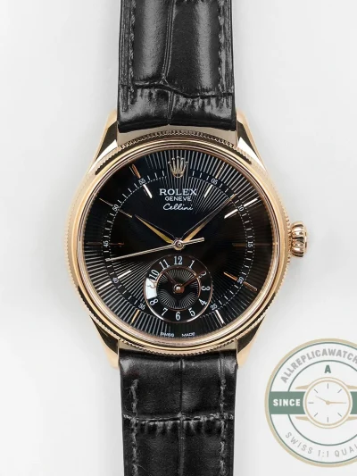 Replica Rolex Cellini Dual Time Rose Gold 50525 Black Dial - High-Grade Replica Watch