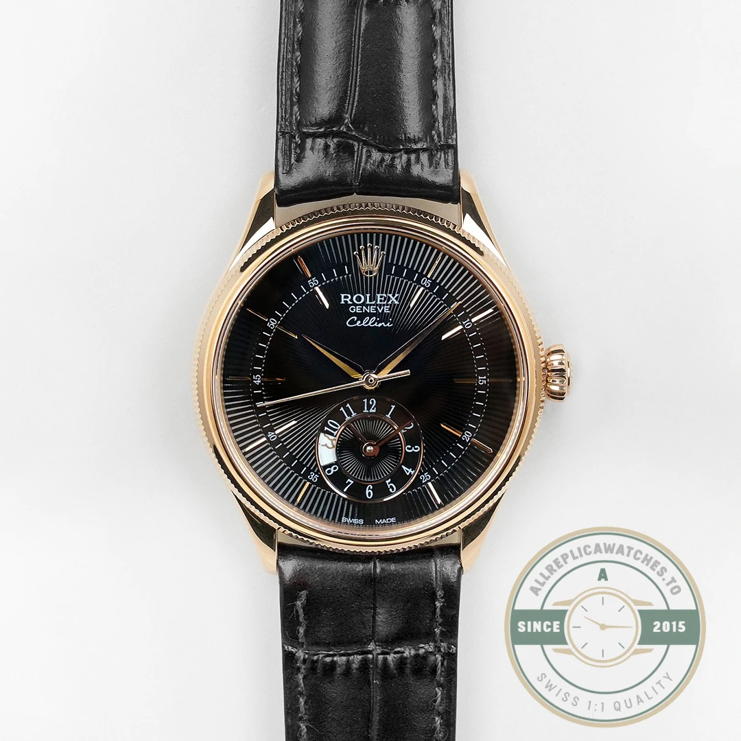 Replica Rolex Cellini Dual Time Rose Gold 50525 Black Dial - High-Grade Replica Watch