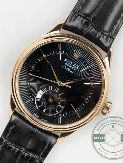Replica Rolex Cellini Dual Time Rose Gold 50525 Black Dial - Premium Super Clone Watch