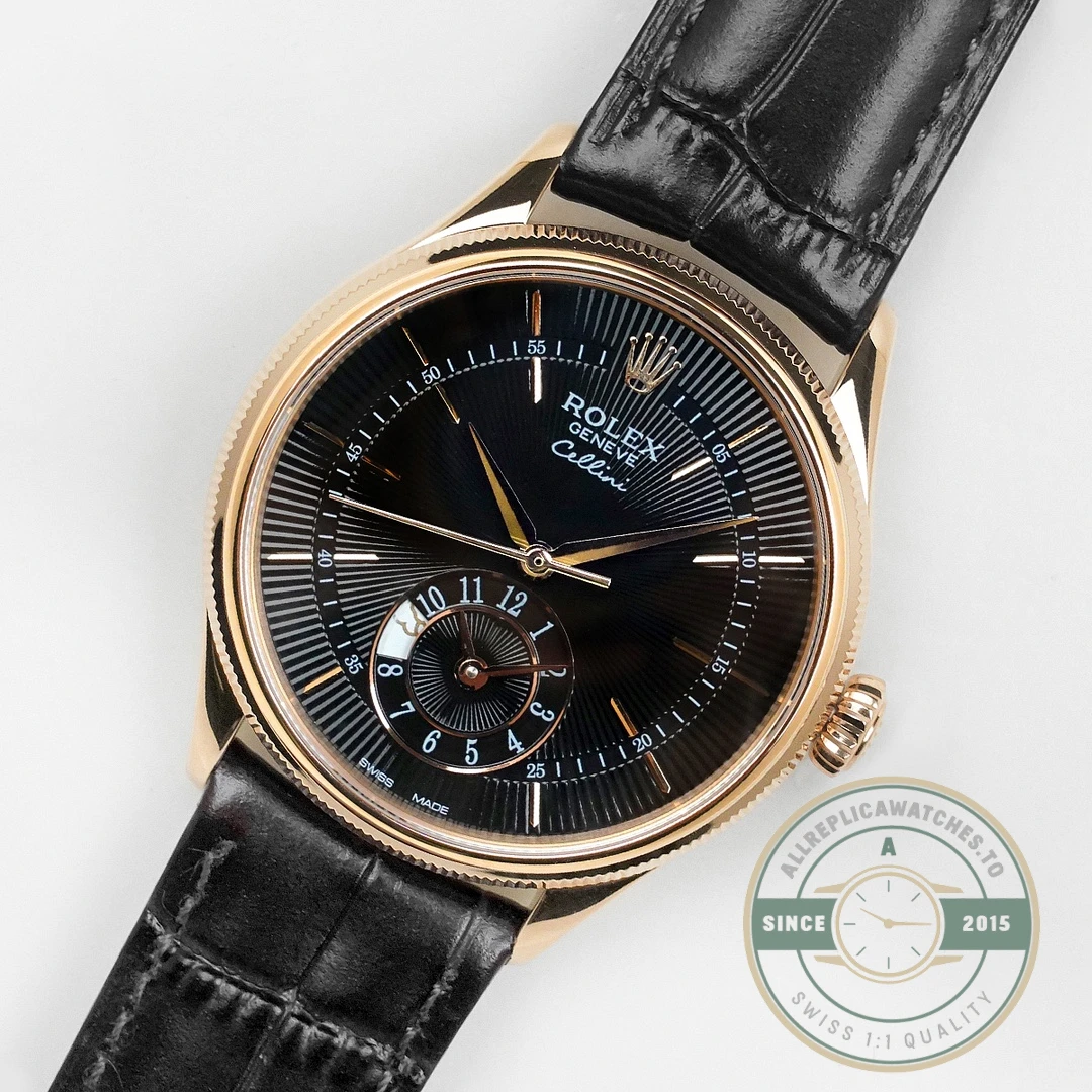 Replica Rolex Cellini Dual Time Rose Gold 50525 Black Dial - Premium Super Clone Watch