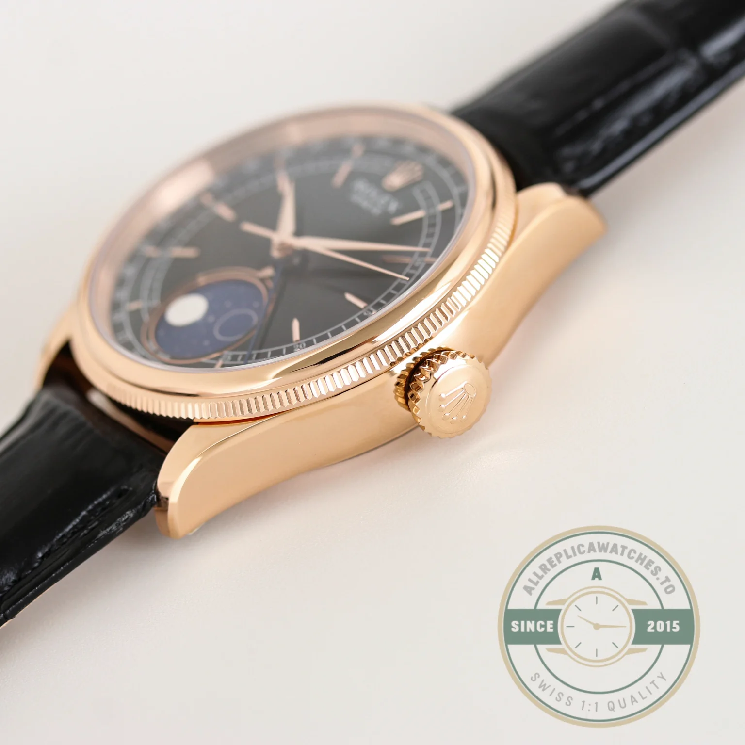 Replica Rolex Cellini Moonphase Rose Gold 50535 39mm Black Dial - 1:1 Swiss Replica Watch
