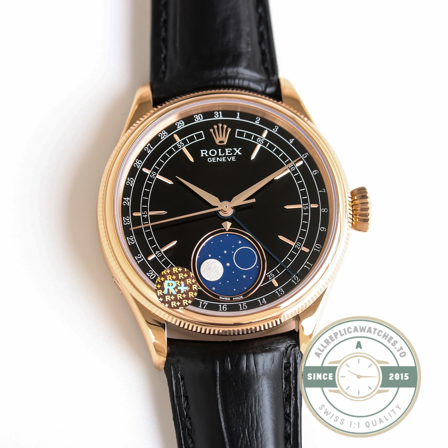 Replica Rolex Cellini Moonphase Rose Gold 50535 39mm Black Dial - Swiss Movement Replica Watch