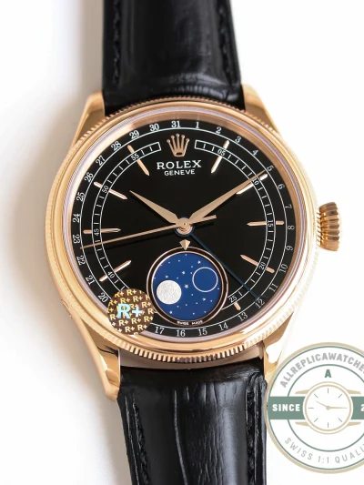 Replica Rolex Cellini Moonphase Rose Gold 50535 39mm Black Dial - Swiss Movement Replica Watch