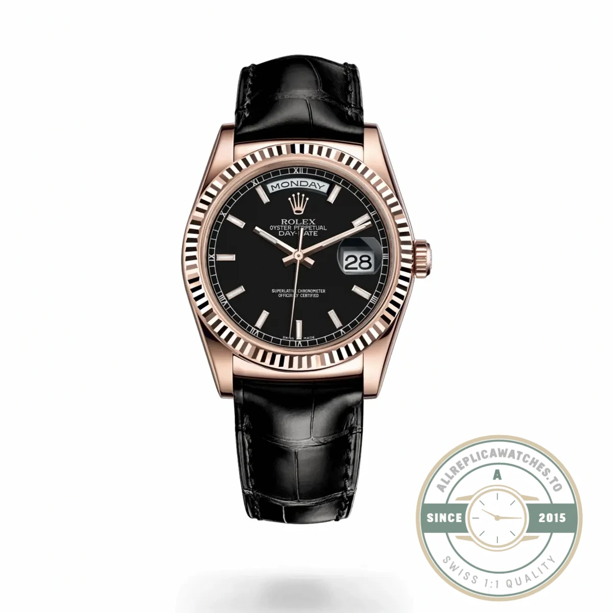 Replica Rolex Day-Date 36mm Rose Gold Black Dial 118135CH - Luxury Replica Watch