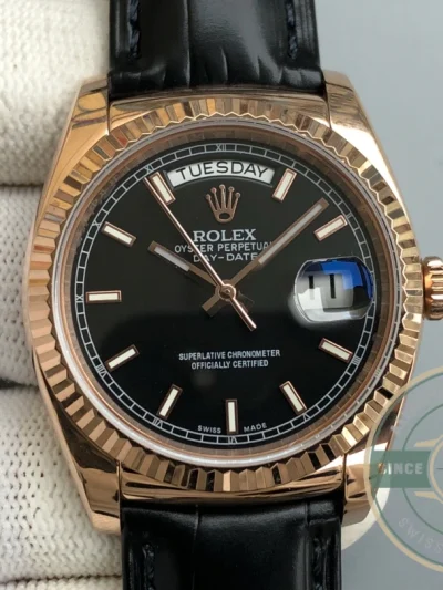 Replica Rolex Day-Date 36mm Rose Gold Black Dial 118135CH - Swiss Movement Replica Watch