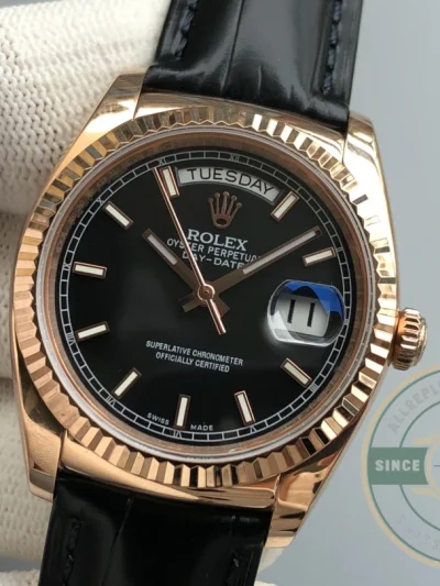 Replica Rolex Day-Date 36mm Rose Gold Black Dial 118135CH - Swiss-Made Clone Watch