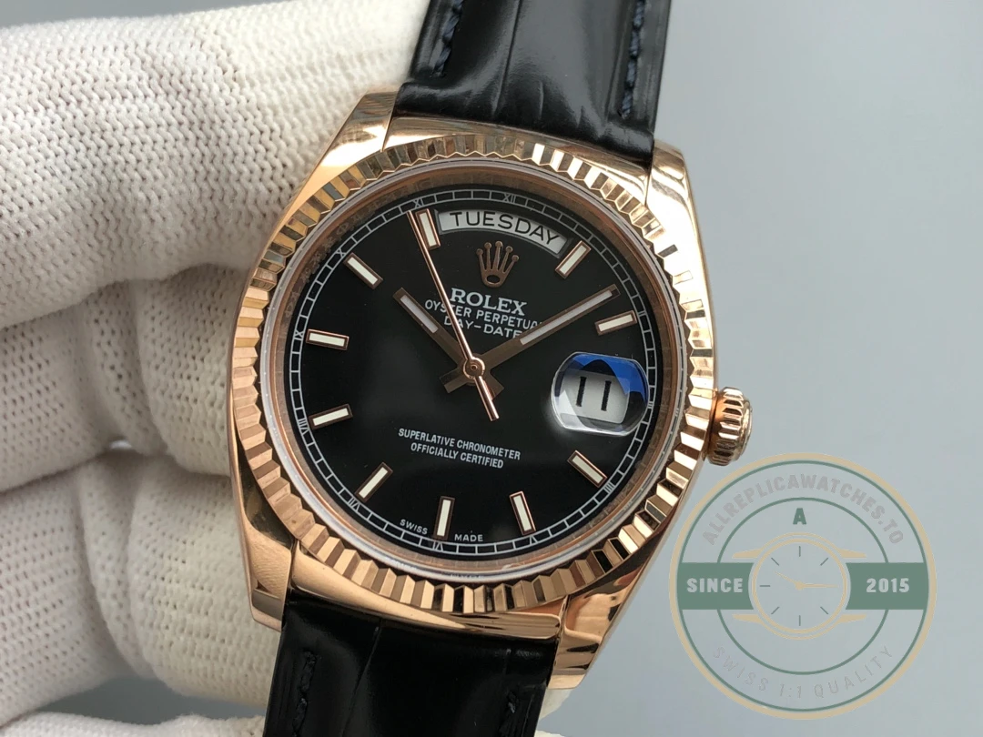 Replica Rolex Day-Date 36mm Rose Gold Black Dial 118135CH - Swiss-Made Clone Watch
