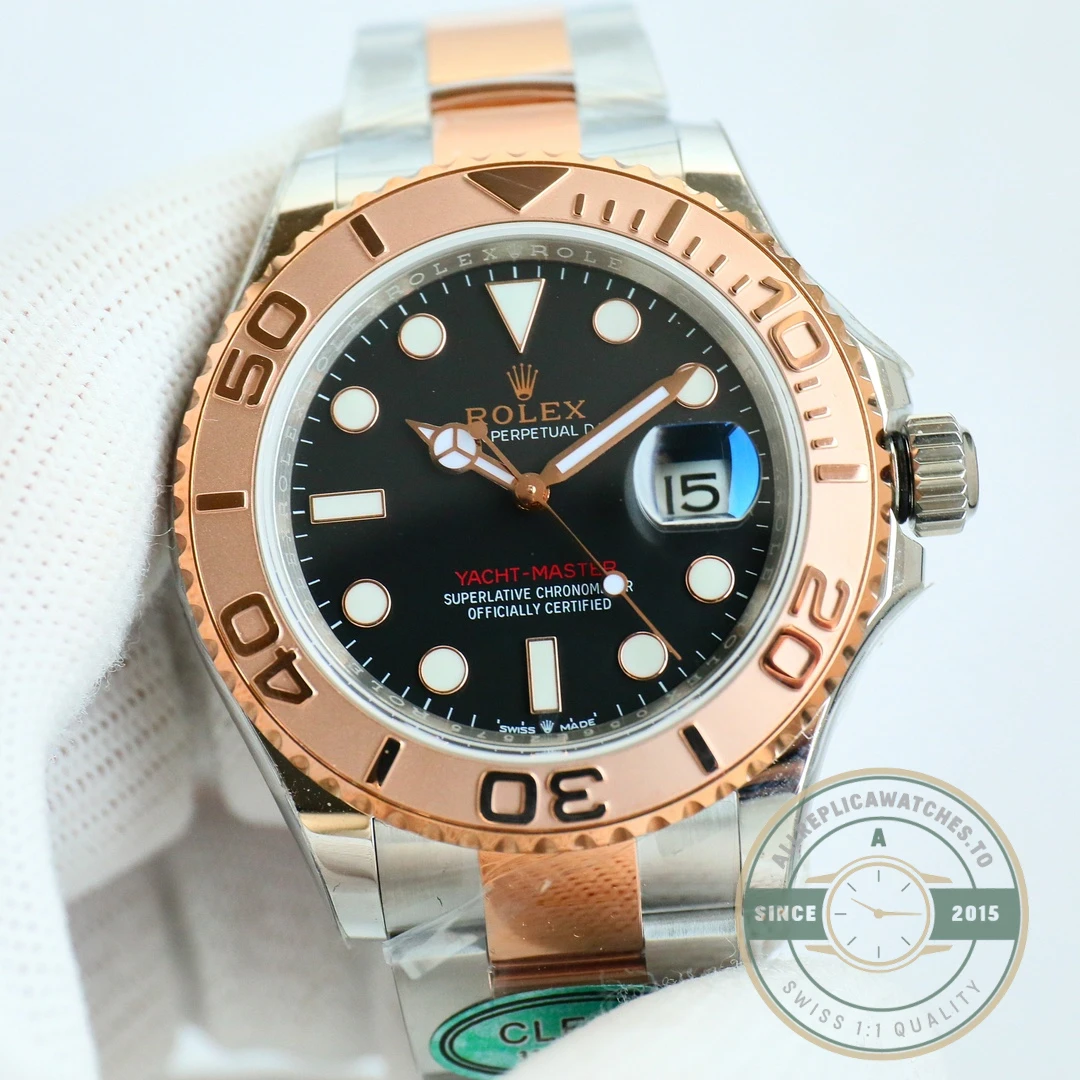 Replica Rolex YACHTMASTER ROSE GOLD STEEL 116621 BLACK DIAL 40MM - Swiss-Made Clone Watch
