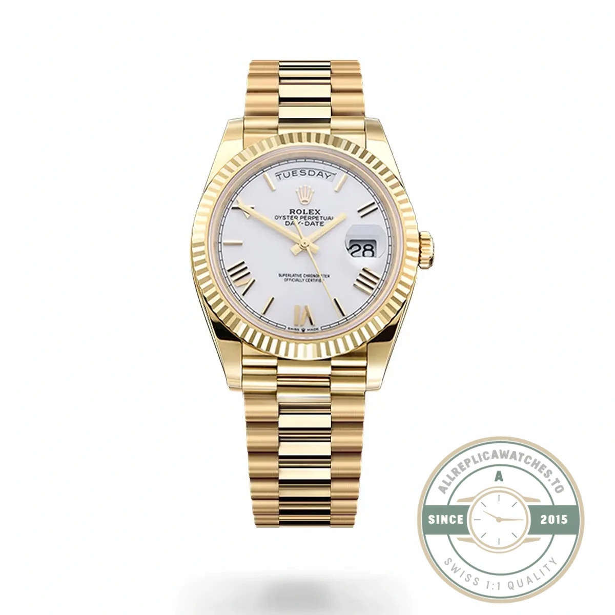 Super Clone Day-Date 40 mm White Dial Yellow Gold M228238-0042 - Best Quality Replica Watch