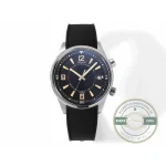 Textured black rubber strap meeting the brushed steel lug of the 42mm case
