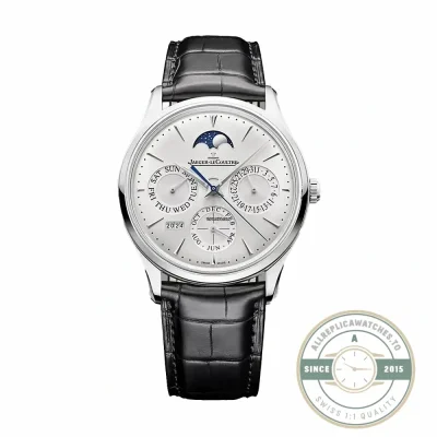 JLC Master Ultra Thin Perpetual Calendar 1303520 in white gold, silvered dial seen head-on