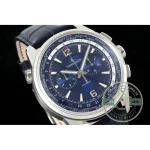 Red-tipped central chronograph hand pointing up through the blue dial centre