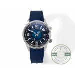 Blue rubber strap with a soft texture meeting the polished steel case side