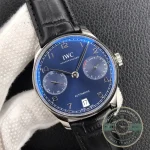 Polished hands set against matte-finish hour markers on the blue dial