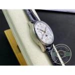 Below the silver perpetual dial, alligator leather on a folding clasp