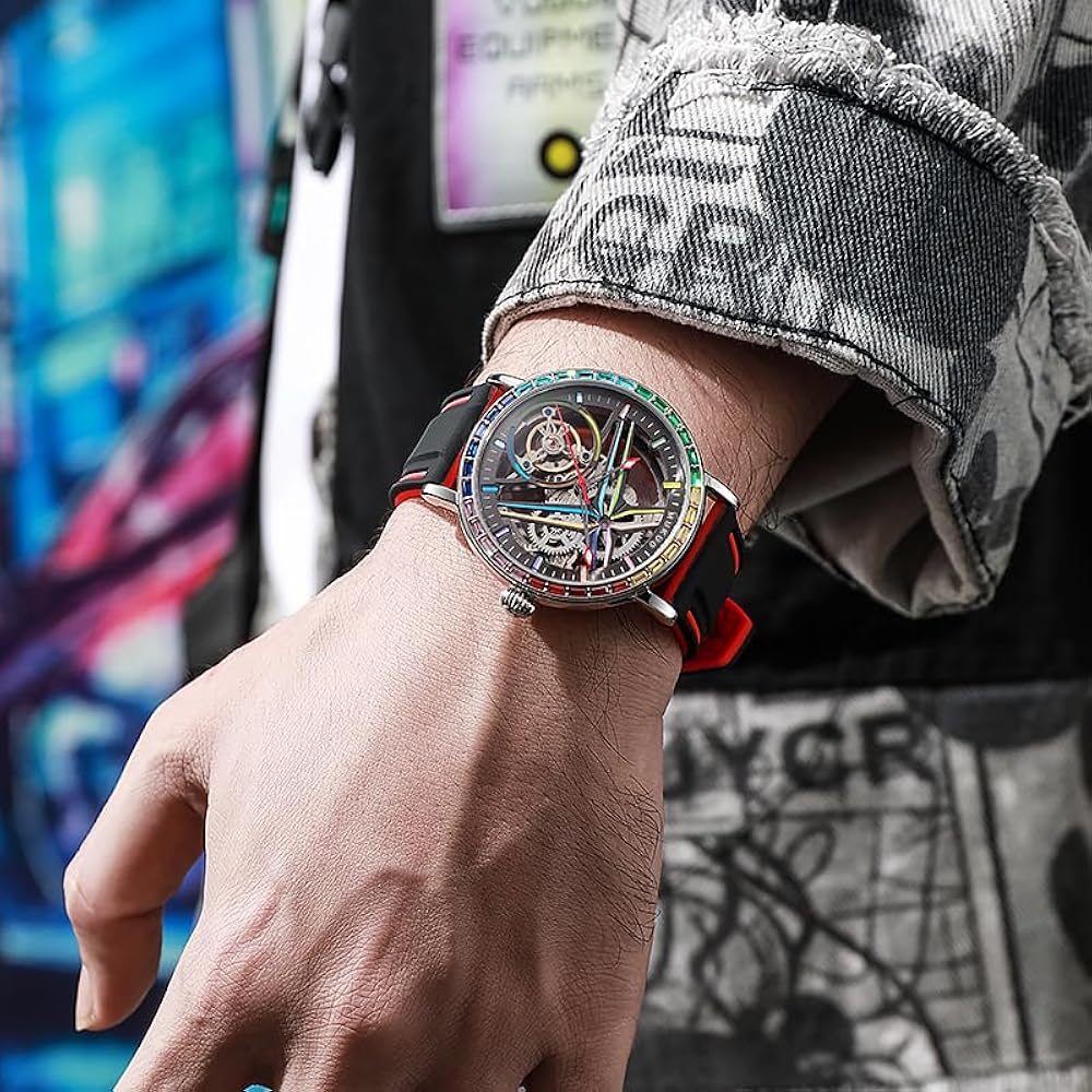 Skeleton watch on wrist casual lifestyle setting
