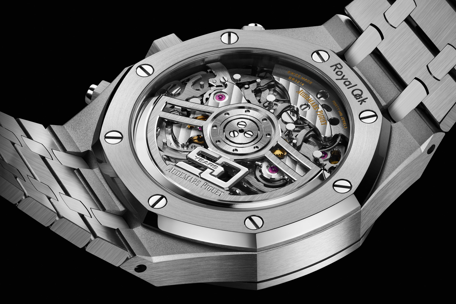 AP Royal Oak display caseback showing decorated movement