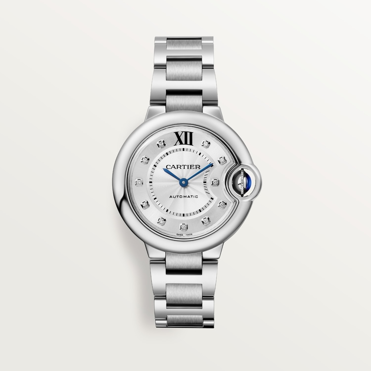 Cartier Ballon Bleu steel watch with silver guilloche dial