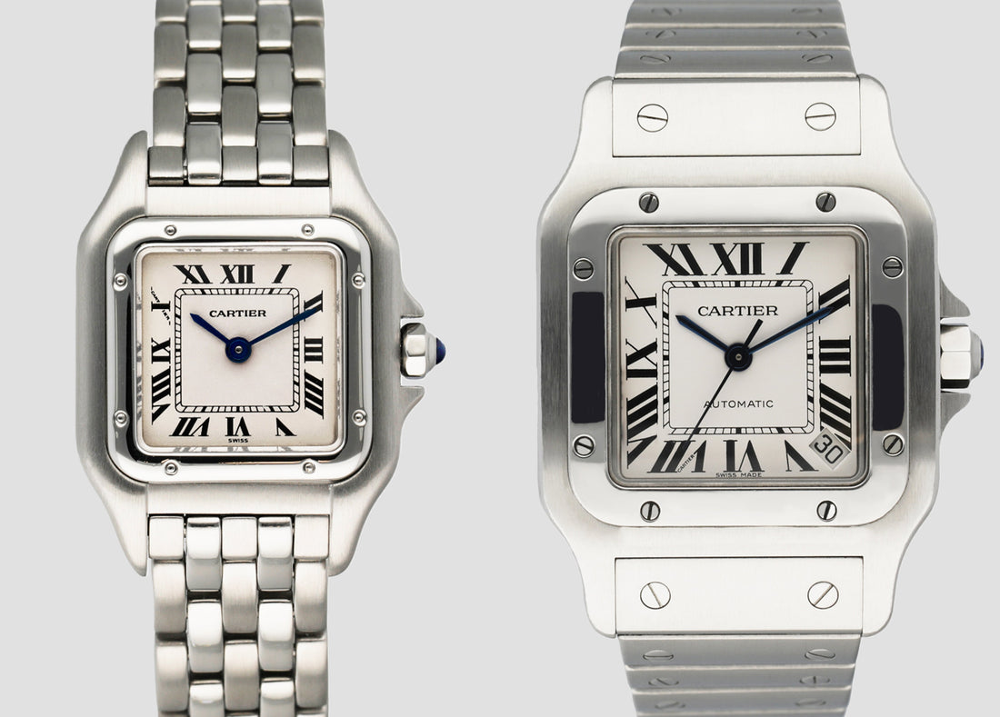 Cartier watch collection Santos Tank Panthère display