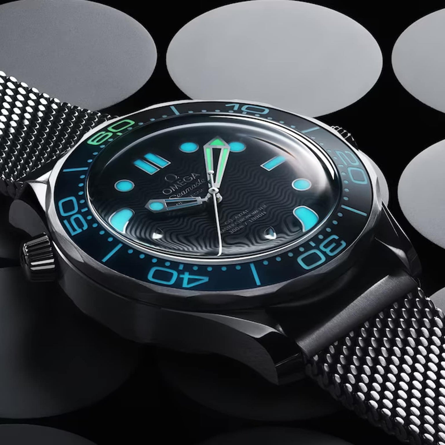 Omega Seamaster Diver 300M collection showing blue black and green dials