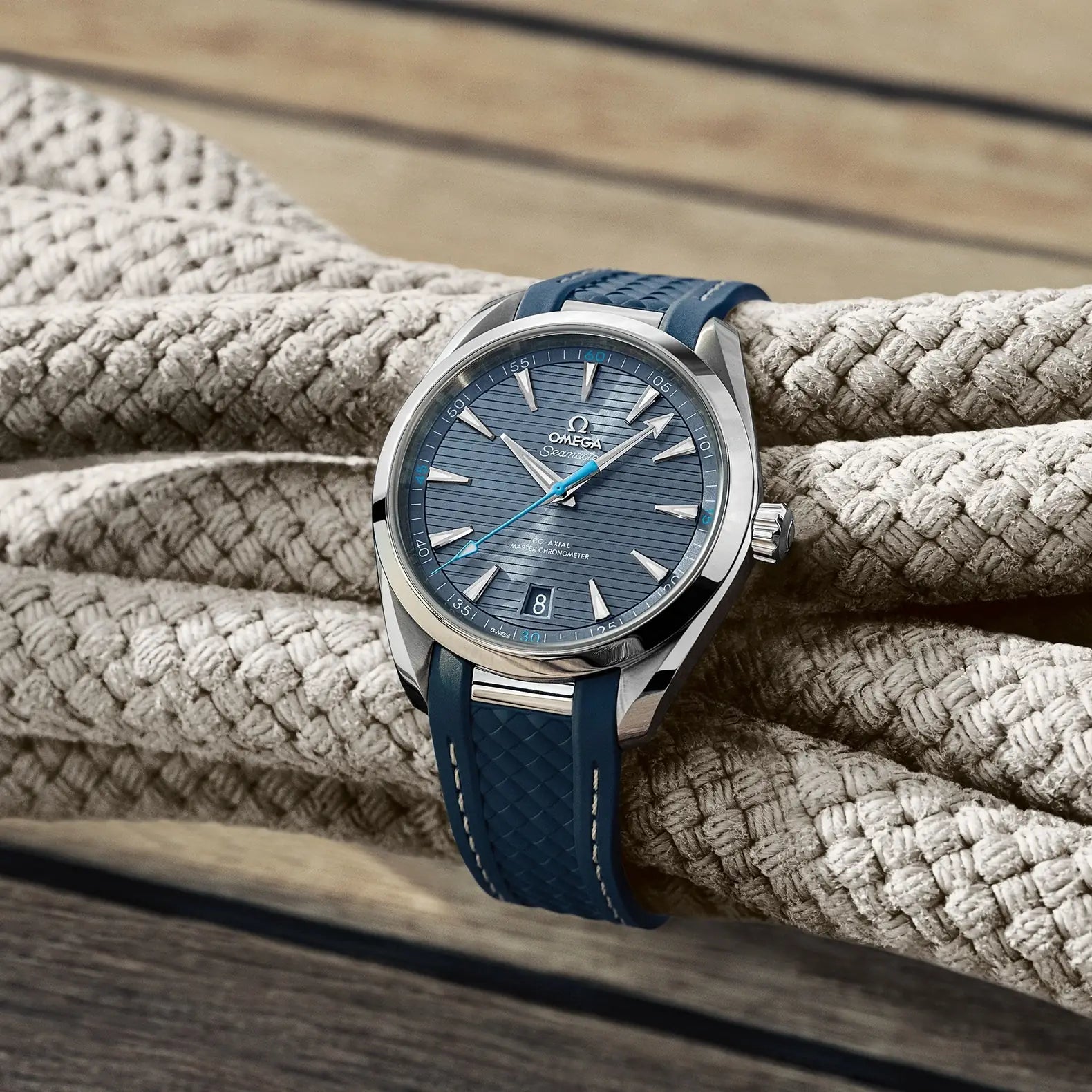Omega Seamaster Aqua Terra blue teak dial on steel bracelet