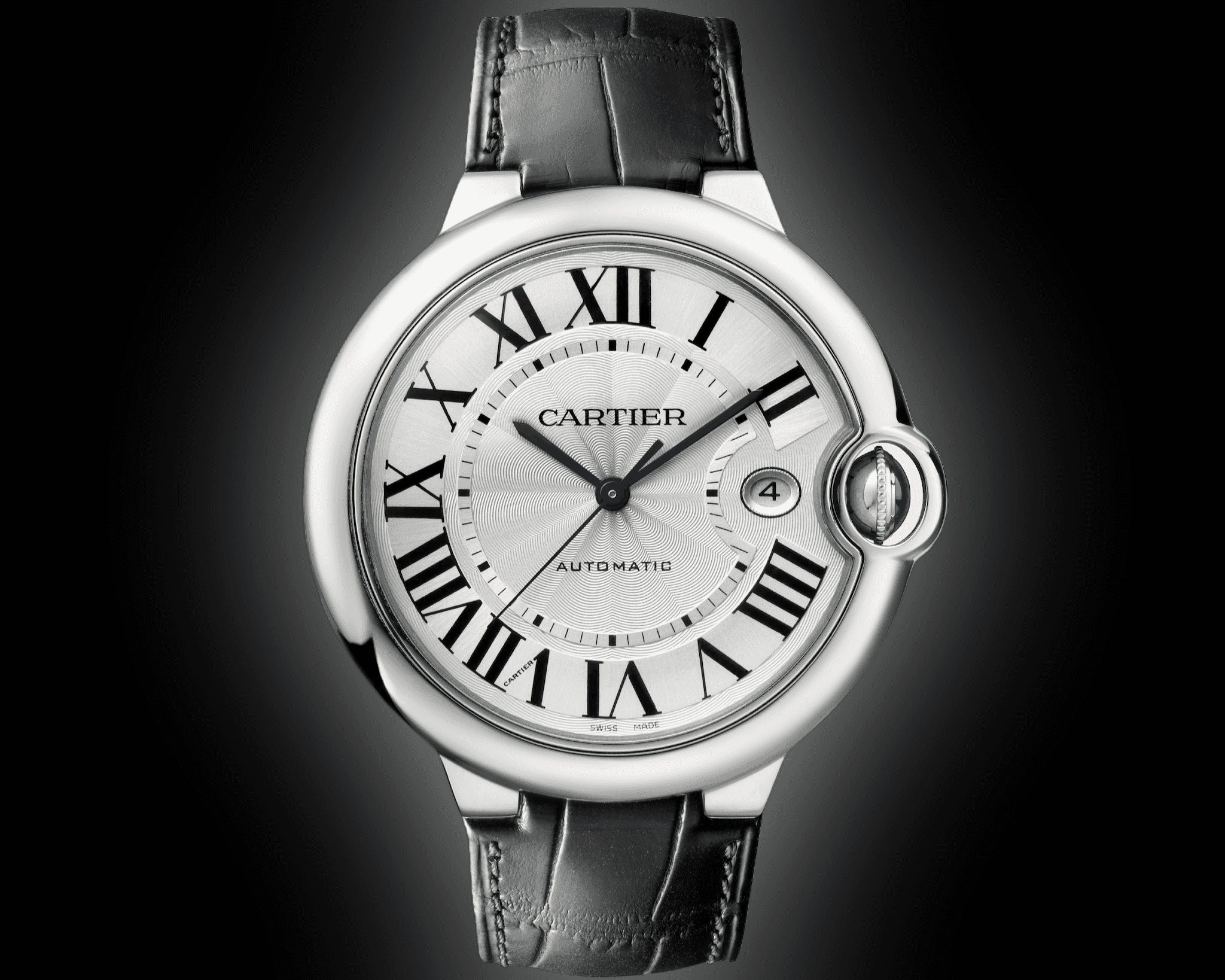 Cartier Ballon Bleu silver guilloché dial with Roman numerals close-up