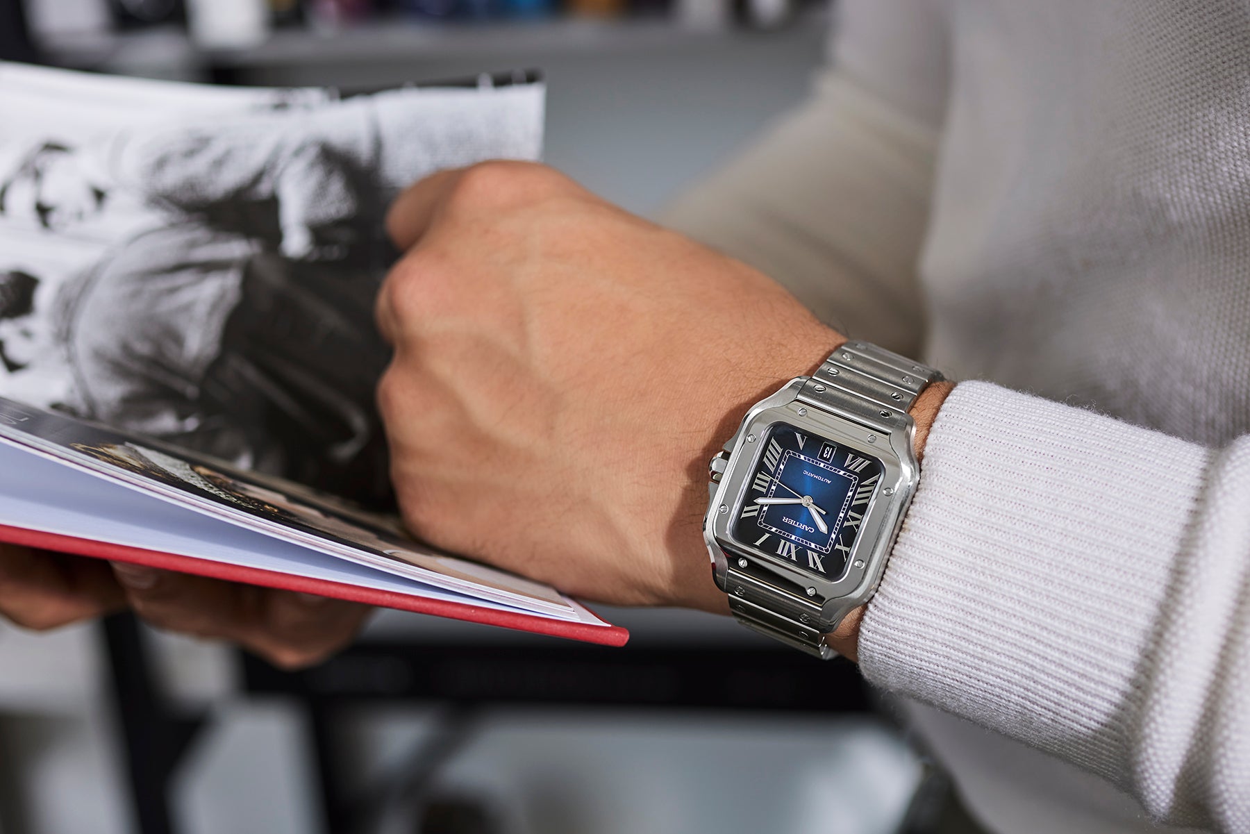 Cartier Santos de Cartier watch on wrist lifestyle photo