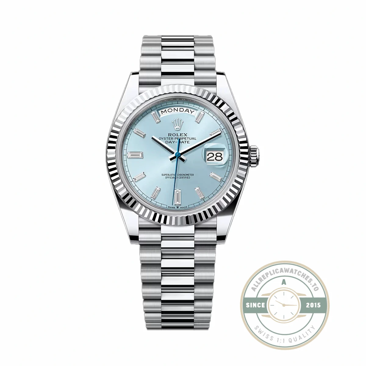 Rolex - 228236-0006 Day-Date 40 Platinum - Fluted Ice Blue - Baguette