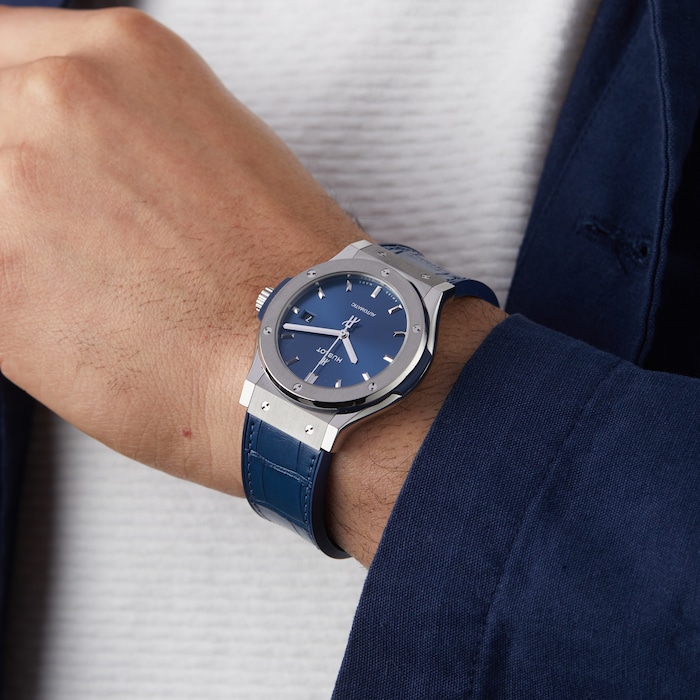 Hublot Classic Fusion replica with blue sunburst dial on leather strap