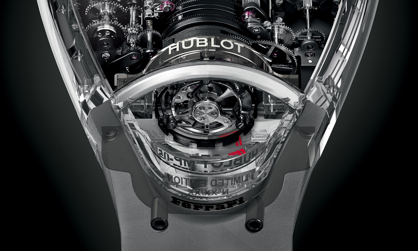 Hublot MP-05 LaFerrari replica showing visible mainspring barrels