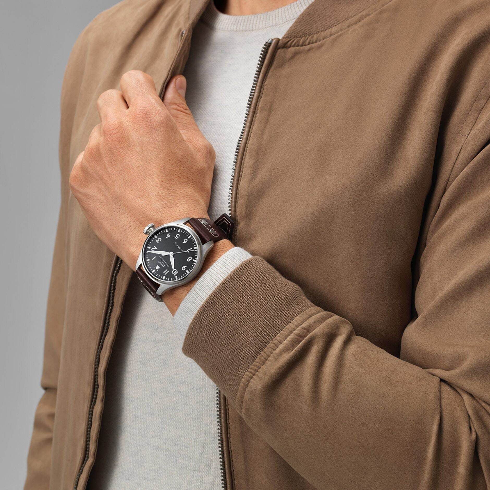 IWC Big Pilot 43 replica on wrist with brown leather strap