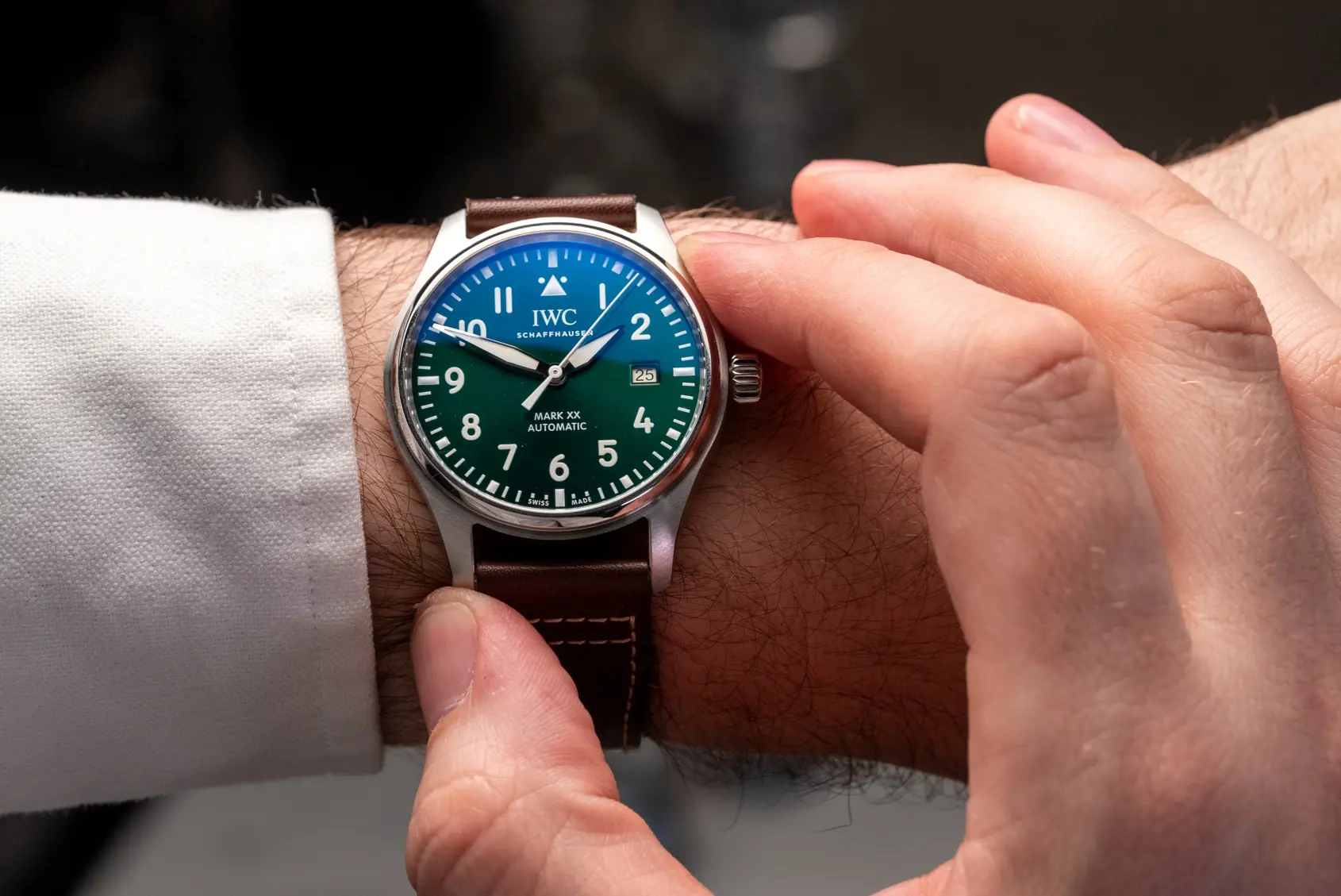 IWC Pilot Mark XX replica with green dial on wrist