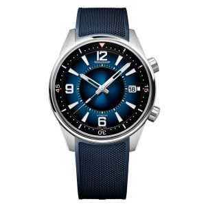 Jaeger-LeCoultre Polaris Date with blue dial and steel case, showing the distinctive triple-crown design