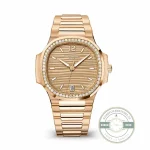 Patek Philippe Nautilus 7118/1200R-010 super clone, 35.2 mm rose gold tone, golden brown wave dial, diamond-look bezel
