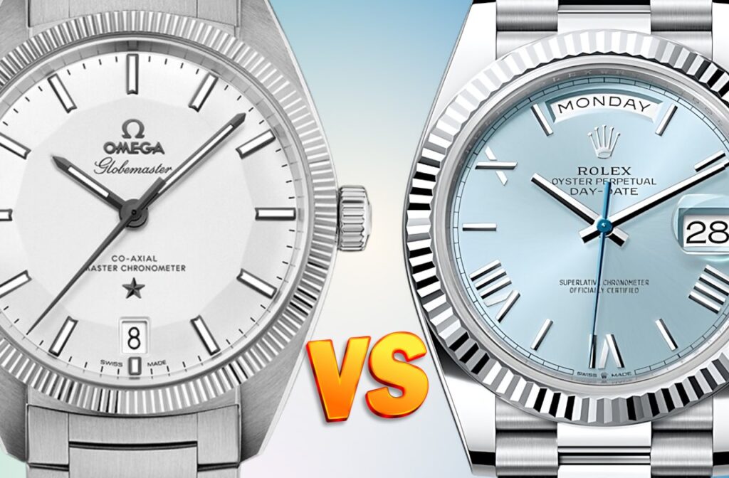 Omega Constellation and Rolex Datejust dress watch side comparison