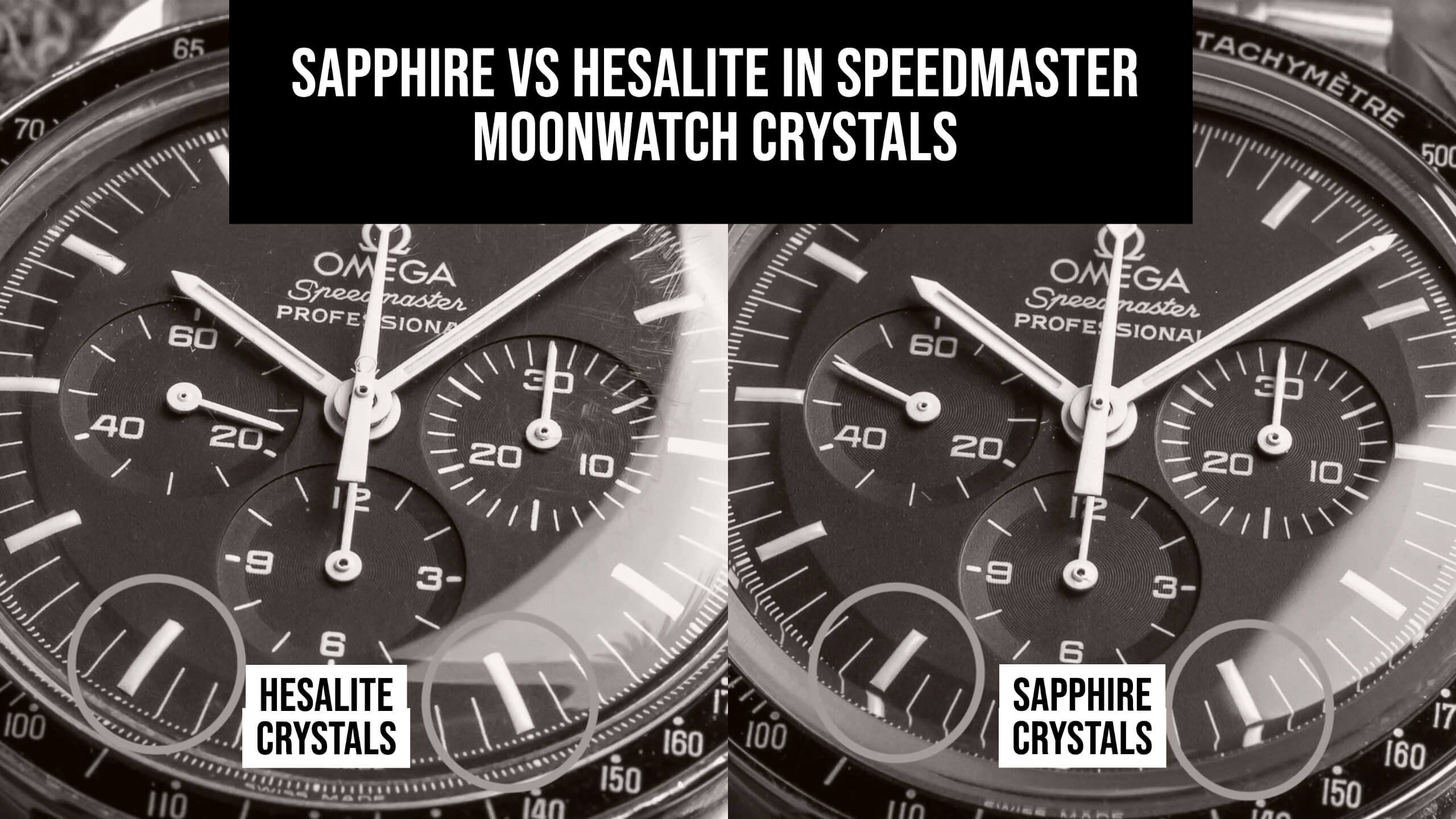 Omega Speedmaster Professional hesalite crystal face detail macro