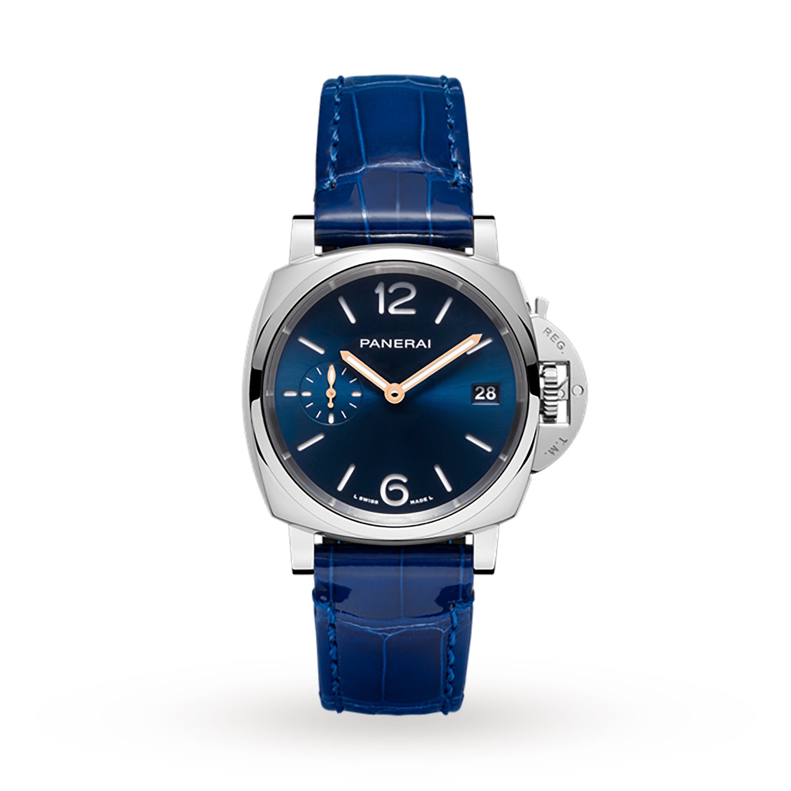 Panerai Luminor Due replica with blue sunburst dial on alligator strap
