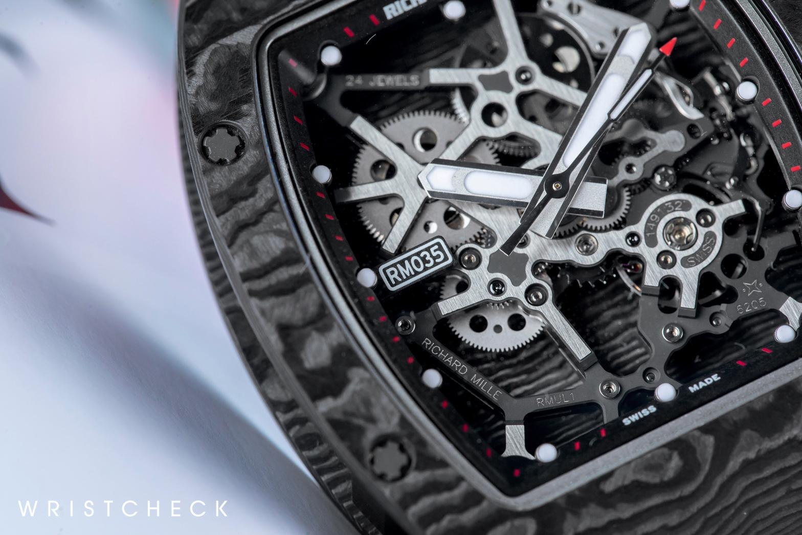 Richard Mille RM 035 skeleton dial showing manual-wind movement