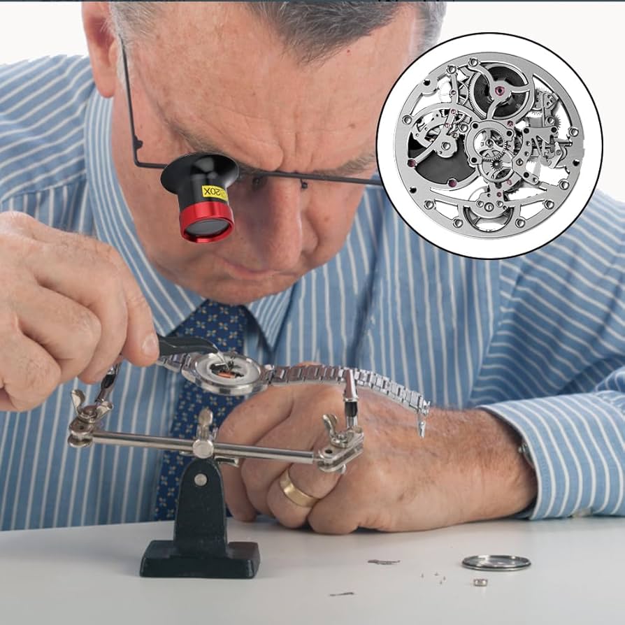 Watchmaker servicing watch movement with loupe