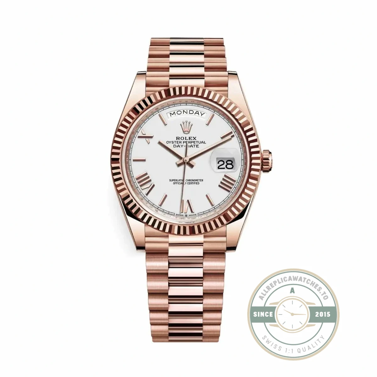 Rolex 228235-0032 Day-Date 40 Everose White Roman
