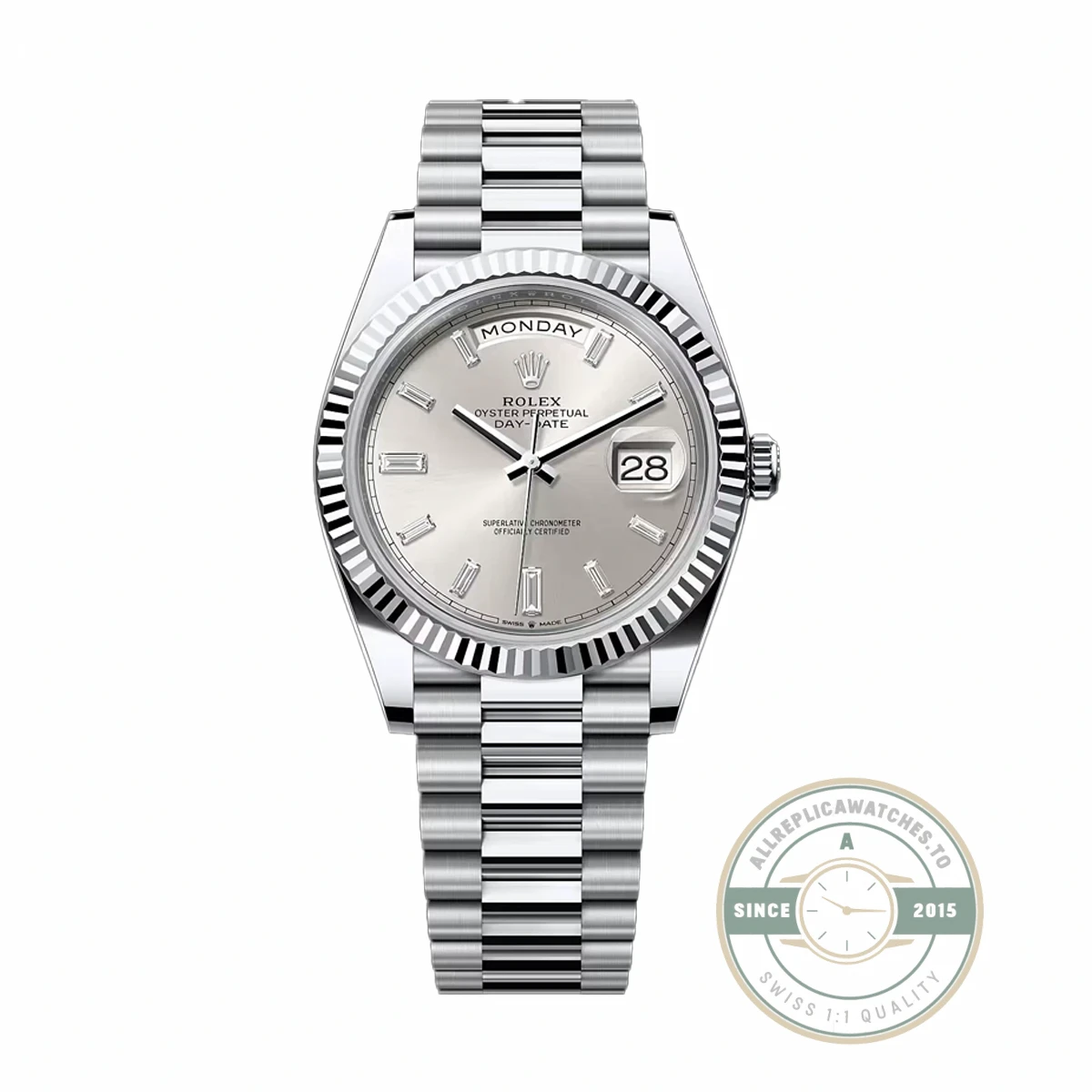 Rolex 228239-0003 Day-Date 40 White Gold Silver Baguette