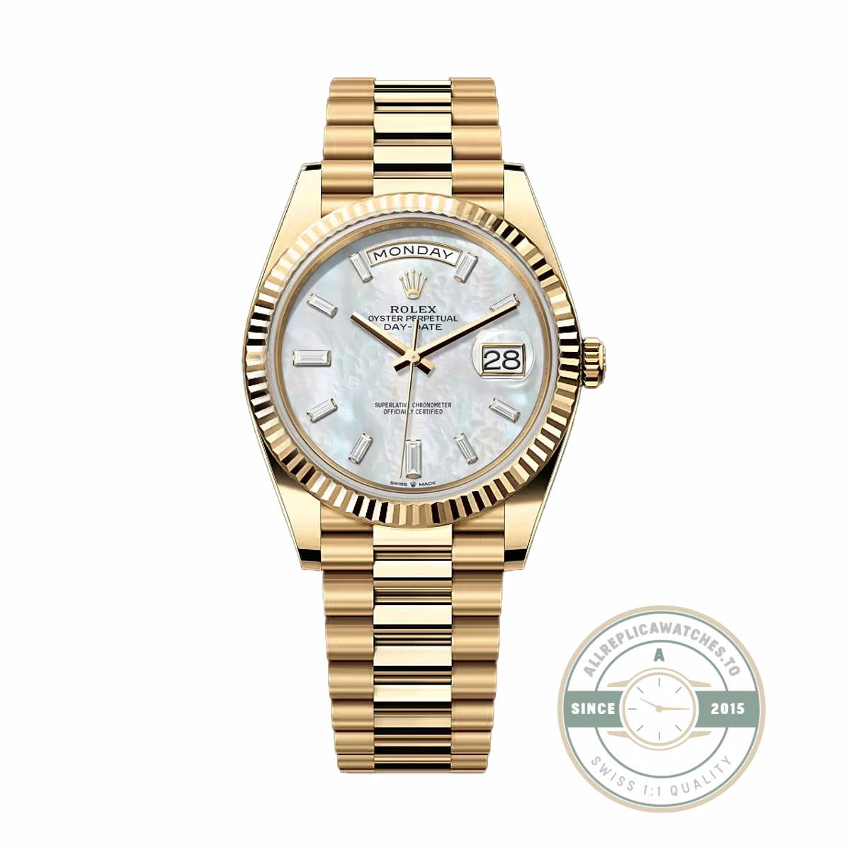 Rolex 228238-0071 Day-Date 40 Yellow Gold Fluted Mother Of Pearl Baguette