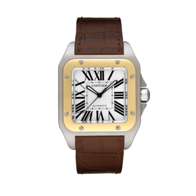 Replica Cartier Santos 100 W20072X7, yellow gold bezel over steel on brown leather