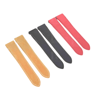 Three Cartier Santos leather strap pairs in tan, slate and red with stitching