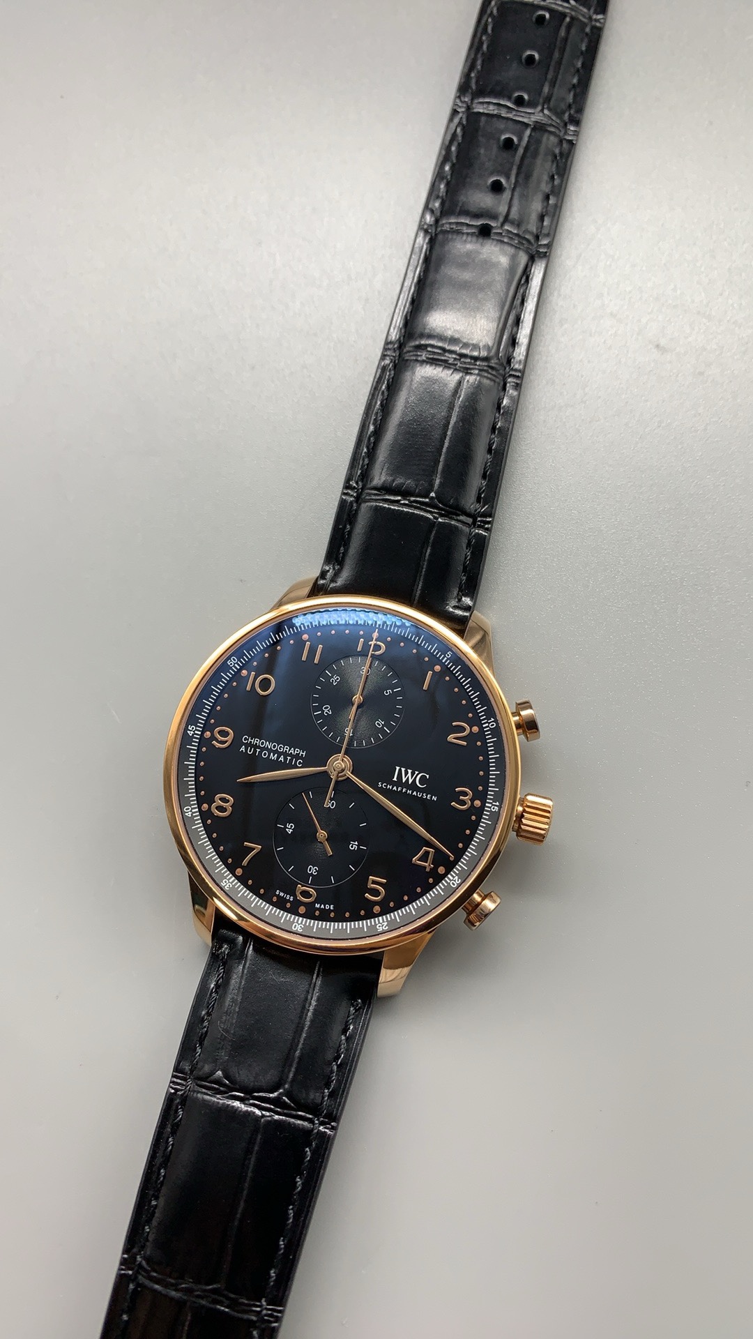 Black lacquer against silver subdials and blued steel hands, maximum contrast