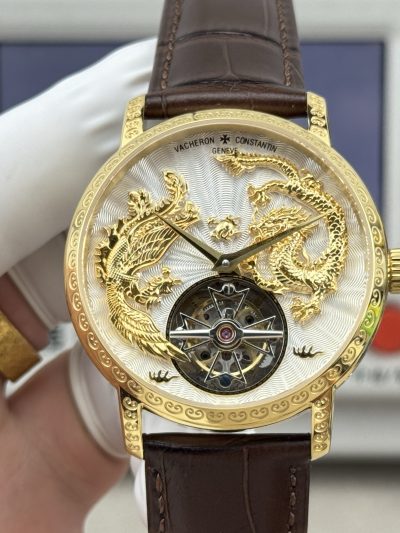 Replica Vacheron Constantin Traditionnelle 6040T Dragon Phoenix Tourbillon Gold Dial - Hand Engraved Metiers d Art