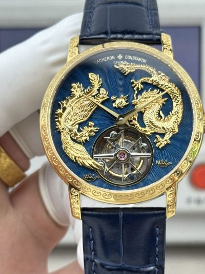 Swiss Clone Vacheron Constantin Traditionnelle 6040T Dragon Phoenix Tourbillon Blue Dial Rose Gold - Limited Edition Replica