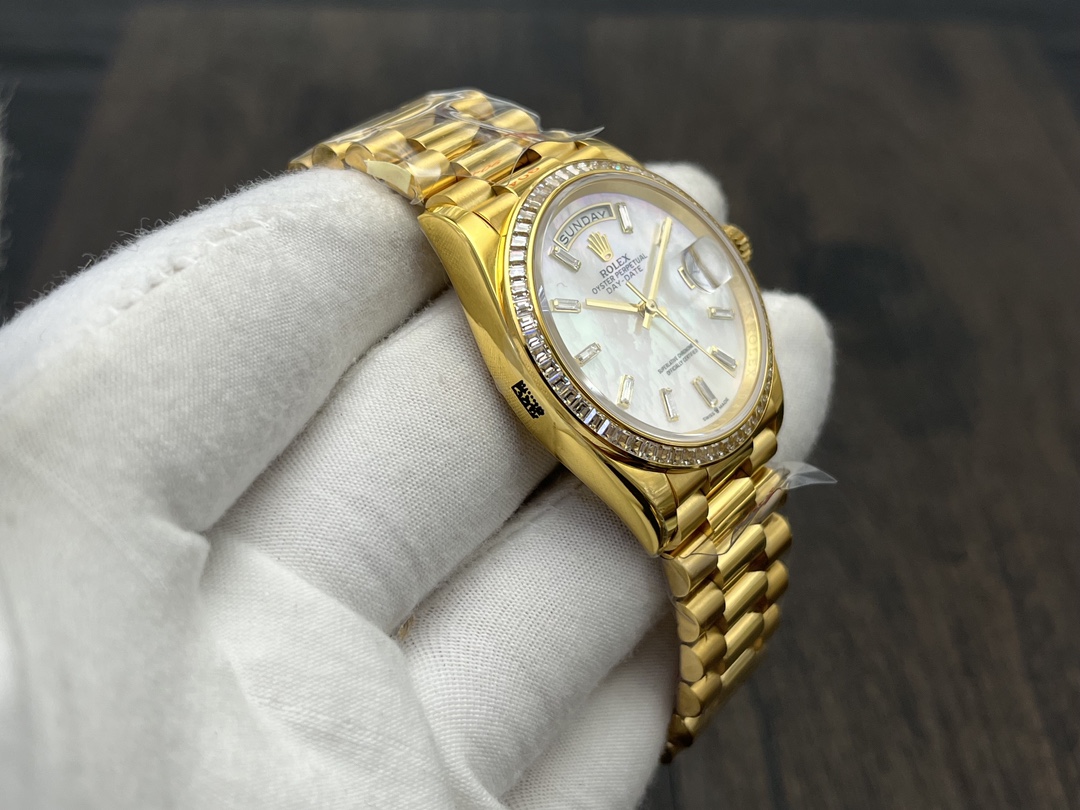 Super Clone Day-Date 36 mm Mother of Pearl Yellow Gold 128348RBR - Image 5