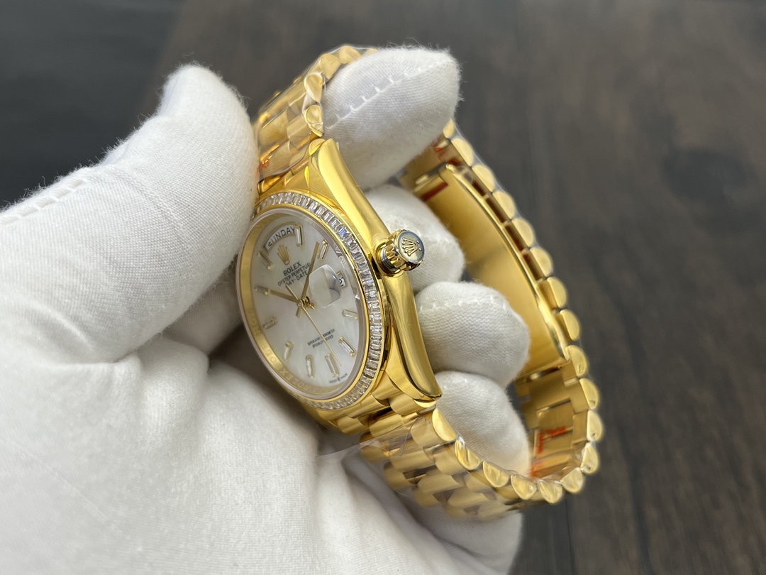 Super Clone Day-Date 36 mm Mother of Pearl Yellow Gold 128348RBR - Image 7