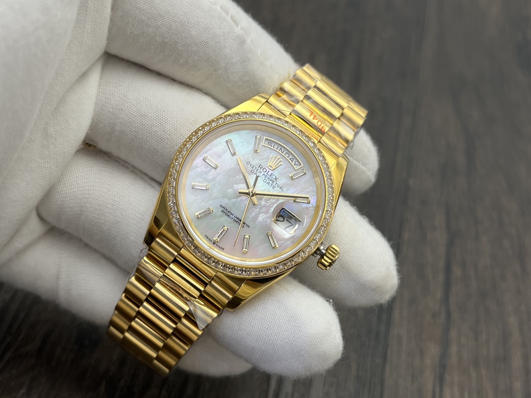 Super Clone Day-Date 36 mm Mother of Pearl Yellow Gold 128348RBR - Image 9
